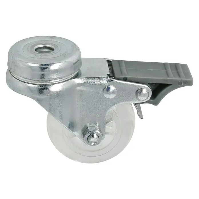 Dörner & Helmer Design-Lenkrolle - Durchmesser Rollen: 50 mm, Traglast: 40 kg, Gleitlager, Mit Rückenloch und Feststeller - Eine Nahaufnahme eines Möbelrollenrades mit Bremse. Der Rollenträger ist aus glänzendem Metall, das Rad ist durchsichtig.