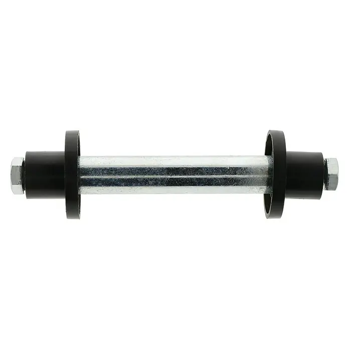 Dörner & Helmer Achszubehör - Nabenlänge: 75 mm, Bohrung: 20 mm - Nahaufnahme einer Fahrradachse mit Bolzen und schwarzen Distanzstücken.