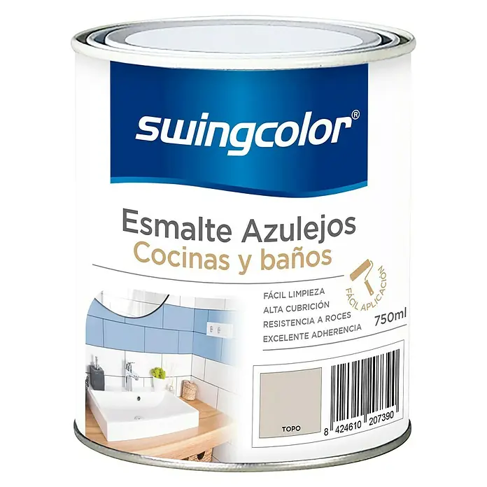swingcolor Esmalte para azulejos Cocinas y baños - Gris topo, 750 ml, Brillante - Bote de 750ml de pintura para azulejos Swingcolor "Esmalte Azulejos" en "Topo" para cocinas y baños. Fácil limpieza, alta cubrición y excelente adherencia.