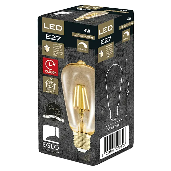 Eglo Bombilla LED Golden Age - E27, Intensidad regulable, Blanco cálido, 320 lm, 4 W, Forma de la lámpara: Pera - Embalaje de una bombilla LED E27 de 4W con diseño retro, ideal para iluminación ambiental.