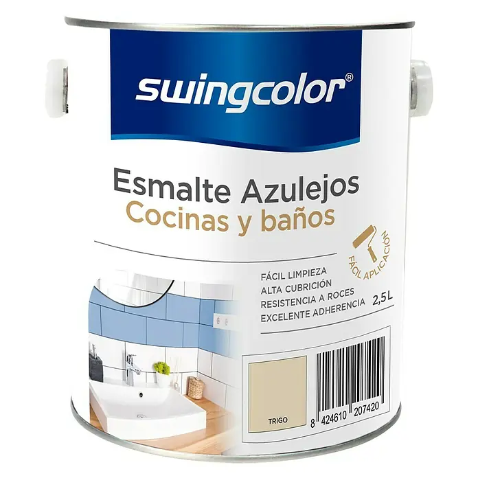swingcolor Esmalte para azulejos Cocinas y baños - Trigo, 2,5 l, Brillante - Bote de esmalte para azulejos "Trigo" de Swingcolor, 2,5L. Ideal para cocinas y baños, fácil de limpiar, alta cubrición y excelente adherencia.
