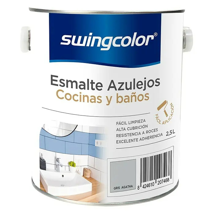swingcolor Esmalte para azulejos Cocinas y baños - Gris ágata, 2,5 l, Brillante - Bote de esmalte para azulejos Swingcolor en "Gris Agatha", ideal para cocinas y baños, 2,5L, fácil aplicación, alta cubrición y resistente.