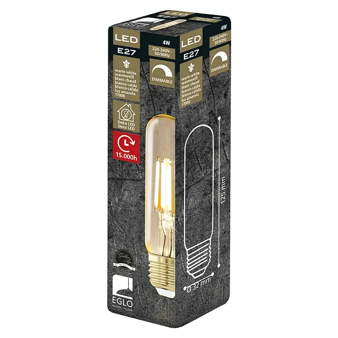 Eglo Bombilla LED Golden Age - E27, Intensidad regulable, Ámbar, 320 lm, 4 W, Cápsula - Bombilla LED EGLO con casquillo E27, 4W de potencia, luz blanca cálida y función de atenuación, ideal para iluminación decorativa.