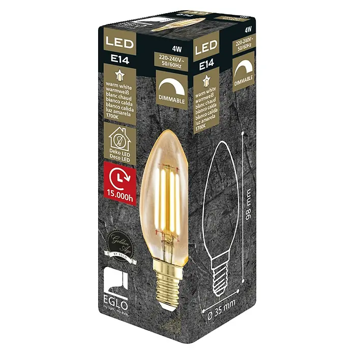Eglo Bombilla LED Golden Age - E14, Intensidad regulable, Ámbar, 320 lm, 4 W, Vela - Embalaje del producto: lámpara LED EGLO Golden Age, E14, 4W, luz blanca cálida, regulable, vida útil de 15.000 h, dimensiones 98x35 mm.