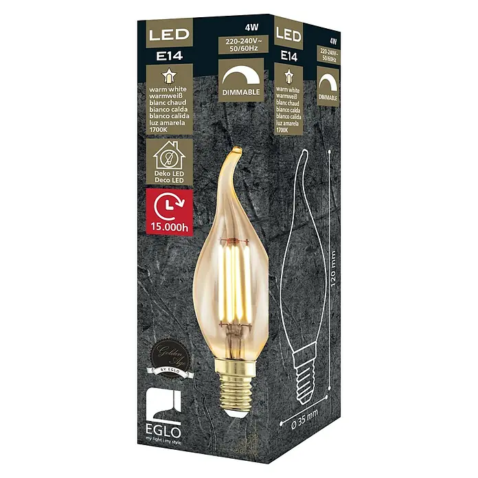 Eglo Bombilla LED Golden Age - E14, Intensidad regulable, Ámbar, 320 lm, 4 W, Otros - Imagen de la bombilla LED EGLO, 4W, E14, blanco cálido, regulable, para iluminación ambiental y decoración eficiente.