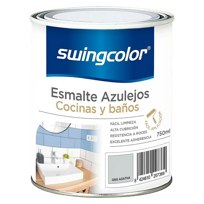 swingcolor Esmalte para azulejos Cocinas y baños - Gris ágata, 750 ml, Brillante - Bote de pintura para azulejos Swingcolor "Esmalte Azulejos Cocinas y baños" en gris, ideal para cocinas y baños, 750ml.