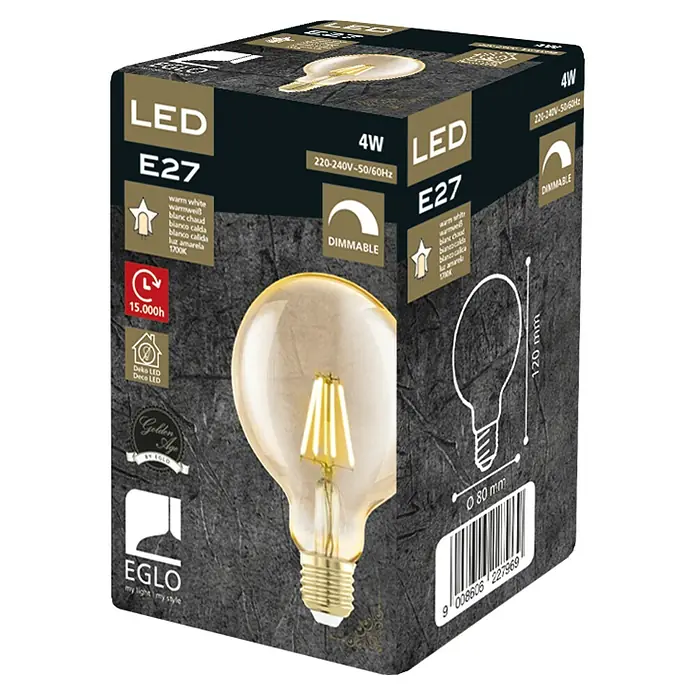 Eglo Bombilla LED Golden Age - E27, Intensidad regulable, Ámbar, 320 lm, 4 W, Redonda - Primer plano de la bombilla LED EGLO Golden Age, E27, 4W, blanco cálido, dimmable, con información del producto en el embalaje.