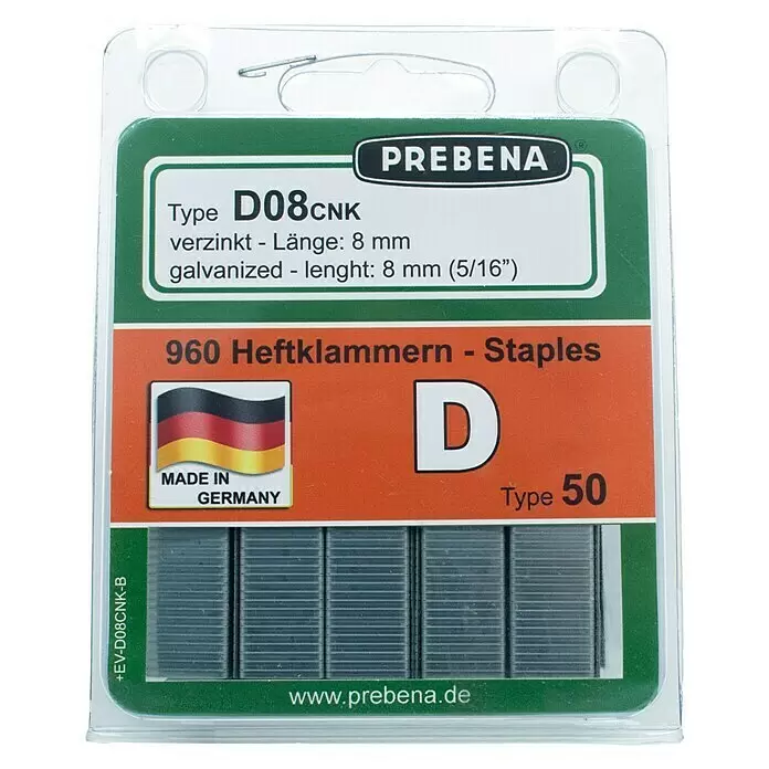 Prebena Heftklammer Typ D - Länge: 8 mm, Rückenbreite: 12,5 mm, 960 Stk. - PREBENA D08CNK Typ 50 verzinkte Heftklammern, 8mm, 960 Stück, in Klarsichtverpackung.