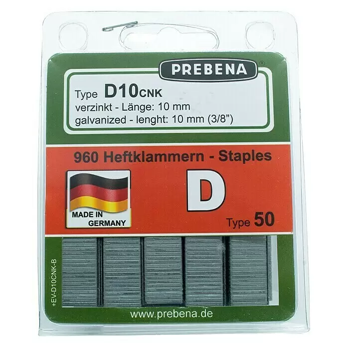 Prebena Heftklammer Typ D - Länge: 10 mm, Rückenbreite: 12,5 mm, 960 Stk. - PREBENA verzinkte Heftklammern, Typ D10CNK, 10 mm Länge. Silberfarbene Klammern in Verpackung.