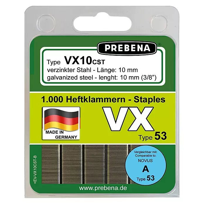 Prebena Heftklammer Typ VX - Länge: 10 mm, Rückenbreite: 11,3 mm, 1.000 Stk. - Packung mit 1000 verzinkten Stahlklammern, 10 mm lang, Typ 53, von PREBENA.