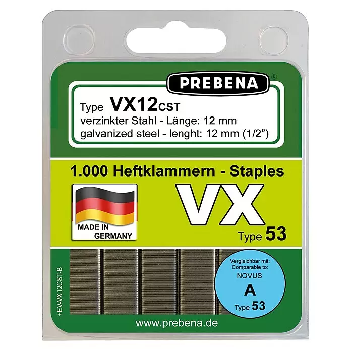 Prebena Heftklammer Typ VX - Länge: 12 mm, Rückenbreite: 11,3 mm, 1.000 Stk. - PREBENA VX12cST verzinkte Stahlklammern, 12 mm, Typ 53, 1000 Stück, in grün-gelber Verpackung.