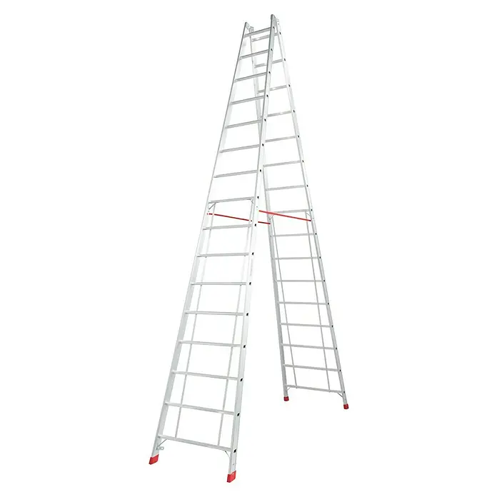 Krause Stabilo Doppelleiter - Anzahl Tritte: 32 Stk., Arbeitshöhe: 5,75 m, Aluminium - Bild einer Aluminium-Doppelleiter mit roten Sicherheitsriegeln und roten Füßen. Sie steht auf einem schwarzen Hintergrund.