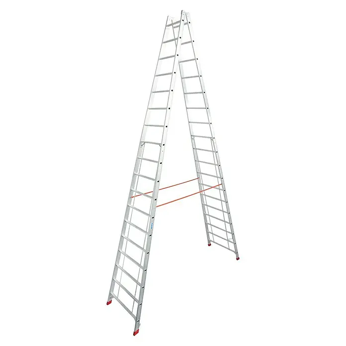 Krause Stabilo Doppelleiter - Anzahl Tritte: 36 Stk., Arbeitshöhe: 6,25 m, Aluminium - Eine freistehende, silberne Haushaltsleiter mit roten Sicherheitsgurten, die Stabilität und Sicherheit beim Erreichen von Höhen bietet.