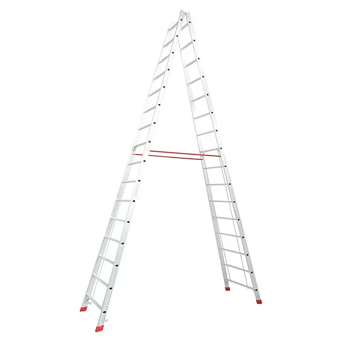Krause Stabilo Doppelleiter - Anzahl Tritte: 32 Stk., Arbeitshöhe: 5,75 m, Aluminium - Eine freistehende, silberfarbene Leiter mit roten Akzenten. Perfekt für sichere Höhenarbeiten im Innen- und Außenbereich.