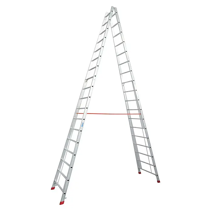 Krause Stabilo Doppelleiter - Anzahl Tritte: 36 Stk., Arbeitshöhe: 6,25 m, Aluminium - Eine freistehende Aluminiumleiter mit roten Fußpolstern und einer roten Stabilisierungsstange. Die Leiter ist vor einem schwarzen Hintergrund.