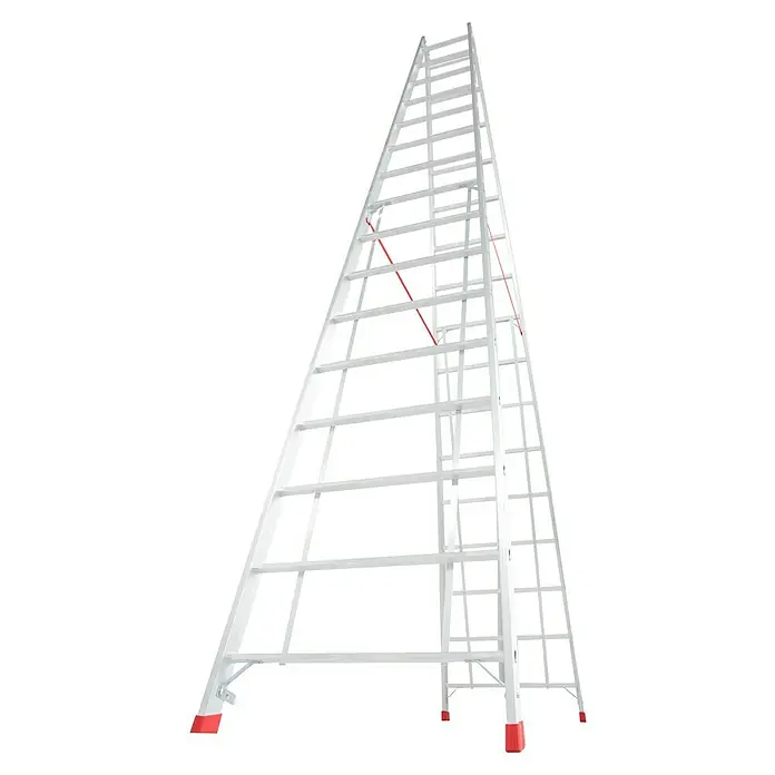 Krause Stabilo Doppelleiter - Anzahl Tritte: 32 Stk., Arbeitshöhe: 5,75 m, Aluminium - Silberne Mehrzweckleiter mit roter Befestigung und Gummifüßen. Die Leiter ist hoch und steht auf einem schwarzen Hintergrund.
