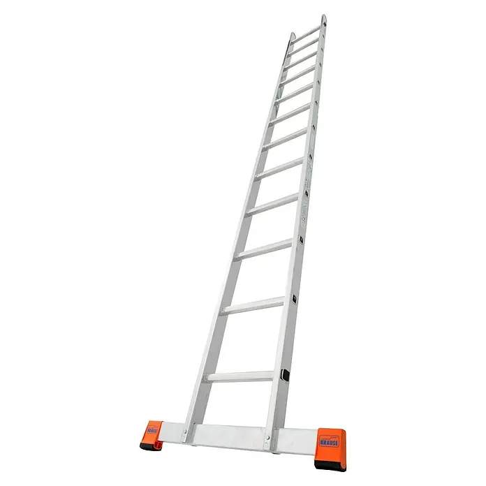 Krause Monto Anlegeleiter Sibilo - Anzahl Tritte: 12 Stk., Arbeitshöhe: 4,4 m, Aluminium - Eine hochwertige, silberne Krause Leiter, die für sicheren Halt mit breiten Füßen und stabilen Sprossen ausgestattet ist.