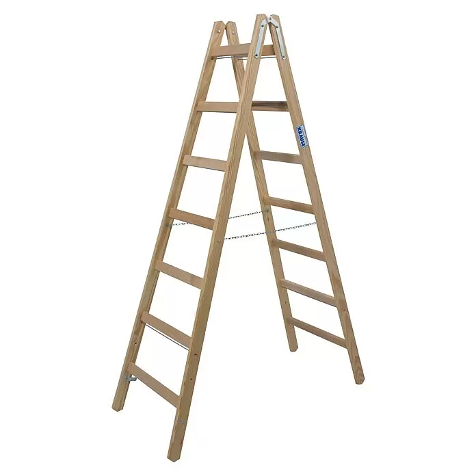 Krause Stabilo Escalera doble - Número de peldaños: 14 ud., Altura de trabajo: 3,25 m, Carga soportada: 150 kg, Madera - Escalera de tijera doble de madera natural con bisagras y cadenas de seguridad metálicas.