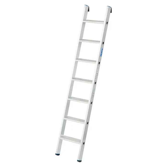 Krause Stabilo Anlegeleiter + S - Anzahl Tritte: 7 Stk., Arbeitshöhe: 2,9 m, Aluminium - Silberne Krause Anlegeleiter mit sieben Sprossen und blauen Details an den Enden. Ideal für Arbeiten in der Höhe.