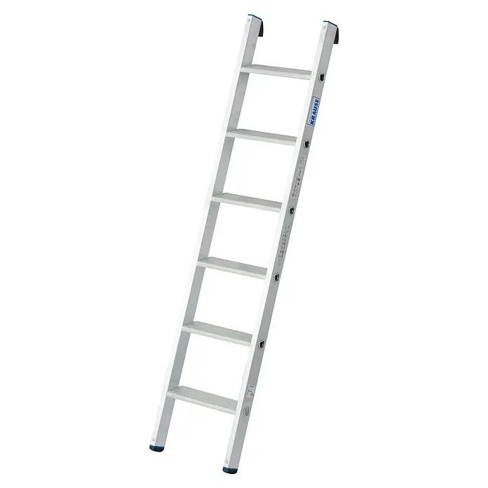 Krause Stabilo Anlegeleiter + S - Anzahl Tritte: 6 Stk., Arbeitshöhe: 2,7 m, Aluminium - Das Bild zeigt eine silberfarbene, einteilige Sprossenleiter der Marke Krause, die für vielseitige Aufgaben im Innen- und Außenbereich geeignet ist.