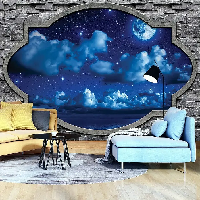 Fototapete HimmelB x H: 312 x 219 cm, Vlies - Wohnzimmer mit einem gelben Sofa, einem blauen Sessel und einem runden Teppich vor einer Wand mit Fensterblick auf eine sternenklare Nacht.