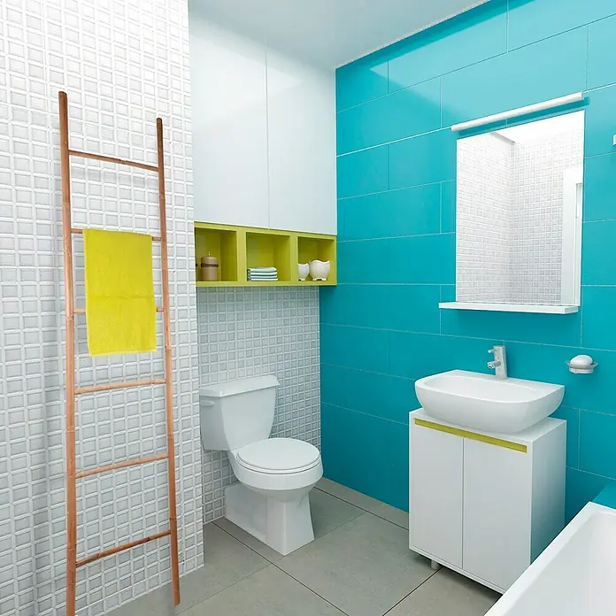 MSV Toallero para baño escalera de 6 niveles - Ancho: 50 cm, Natural - El baño cuenta con un inodoro, un lavabo, un espejo y una escalera decorativa. La pared color verde azulado acentúa el diseño moderno.