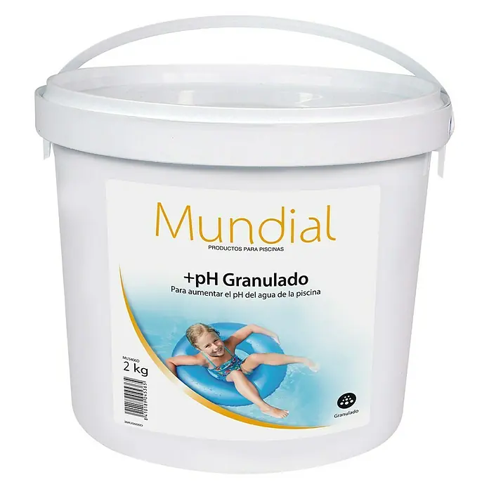 Mundial ph positivo granulado - 2 kg - Cubo blanco de incrementador de pH para piscina "Mundial +pH Granulado" para aumentar el pH del agua de la piscina.
