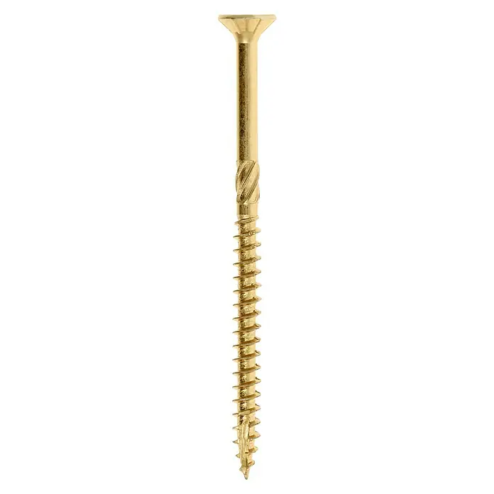 Profi Depot Mehrzweck-Schraube Turbo Drill - Ø x L: 4,5 x 70 mm, TX für TORX-Antriebe, Senkkopf, 100 Stk. - Nahaufnahme einer goldenen Holzschraube mit scharfen Gewindegängen und einem flachen Kopf.