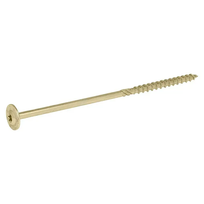 Profi Depot Holzbauschraube TX - Tellerkopf, TX für TORX-Antriebe, 25 Stk., Ø x L: 8 x 200 mm - Schraubenbild. Eine goldene Schraube mit einem Torx-Kopf und einem langen Gewinde, ideal für Holzverbindungen und Heimwerkerprojekte.