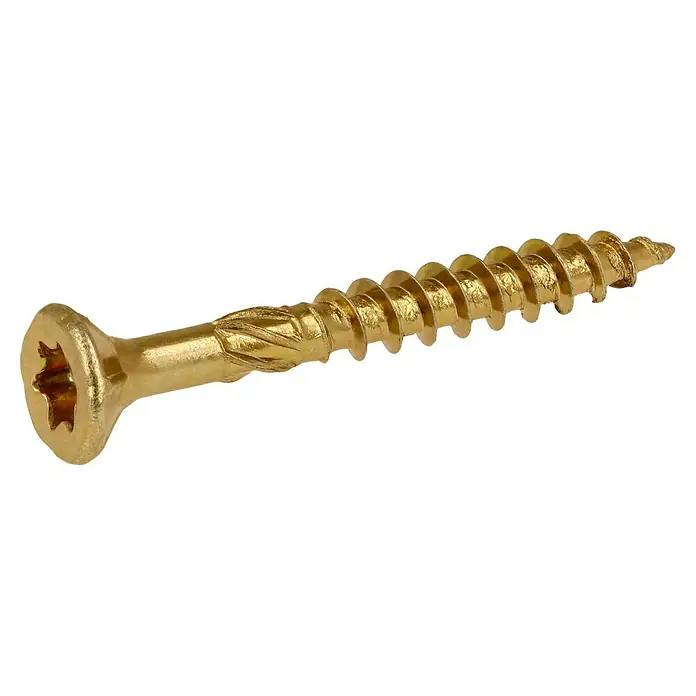 Profi Depot Mehrzweck-Schraube Turbo Drill - Ø x L: 3,5 x 30 mm, TX für TORX-Antriebe, Senkkopf, 200 Stk. - Nahaufnahme einer goldfarbenen Holzschraube mit Torx-Antrieb, die sich ideal für Holzverbindungen und Heimwerkerarbeiten eignet.