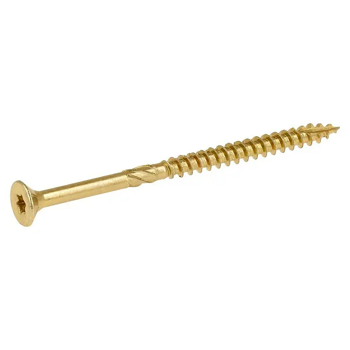 Profi Depot Mehrzweck-Schraube Turbo Drill - Ø x L: 4,5 x 70 mm, TX für TORX-Antriebe, Senkkopf, 100 Stk. - Nahaufnahme einer einzelnen goldenen Holzschraube mit Kreuzschlitzkopf und Gewinde.