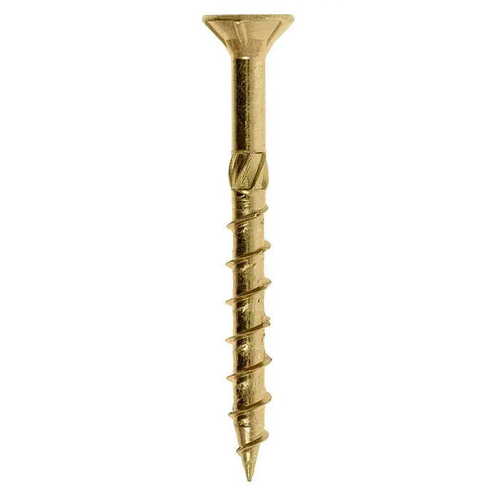 Profi Depot Mehrzweck-Schraube Turbo Drill - Ø x L: 6 x 60 mm, TX für TORX-Antriebe, Senkkopf, 100 Stk. - Nahaufnahme einer goldenen Schraube mit Gewinde und Kreuzschlitzkopf, ideal für Holz- und Bauprojekte.