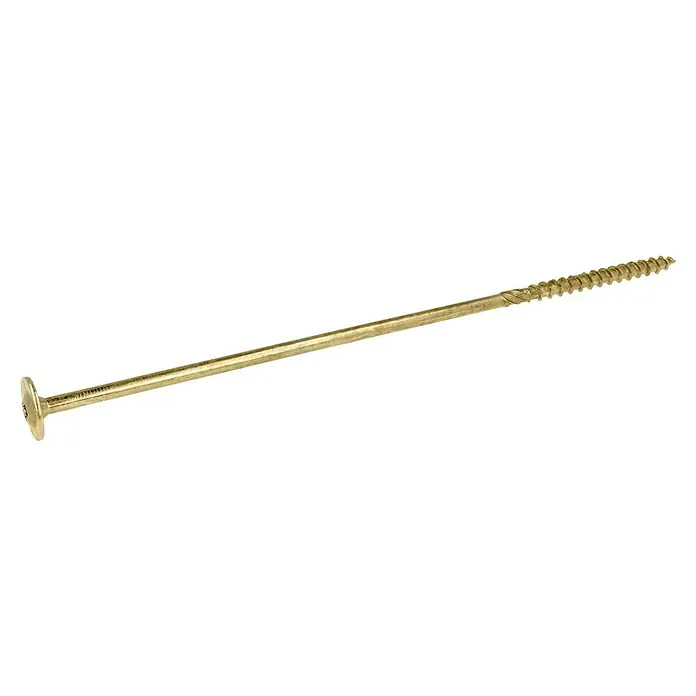 Profi Depot Holzbauschraube TX - Tellerkopf, TX für TORX-Antriebe, 25 Stk., Ø x L: 8 x 280 mm - Nahaufnahme einer einzelnen goldenen Holzschraube mit flachem Kopf und scharfem Gewinde vor schwarzem Hintergrund.