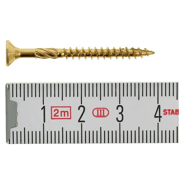 Profi Depot Mehrzweck-Schraube Turbo Drill - Ø x L: 3,5 x 40 mm, TX für TORX-Antriebe, Senkkopf, 200 Stk. - Nahaufnahme einer Spax-Holzschraube neben einem Zollstock, der ca. 4 cm anzeigt. Ideal für Heimwerkerprojekte.