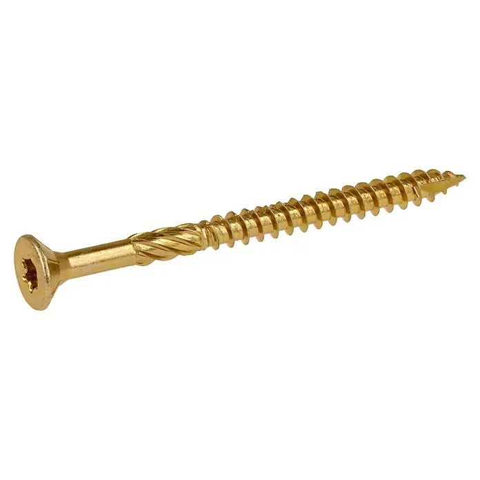 Profi Depot Mehrzweck-Schraube Turbo Drill - Ø x L: 6 x 80 mm, TX für TORX-Antriebe, Senkkopf, 100 Stk. - Nahaufnahme einer goldenen Holzschraube mit einem sternförmigen Kopf und einem scharfen Gewinde.