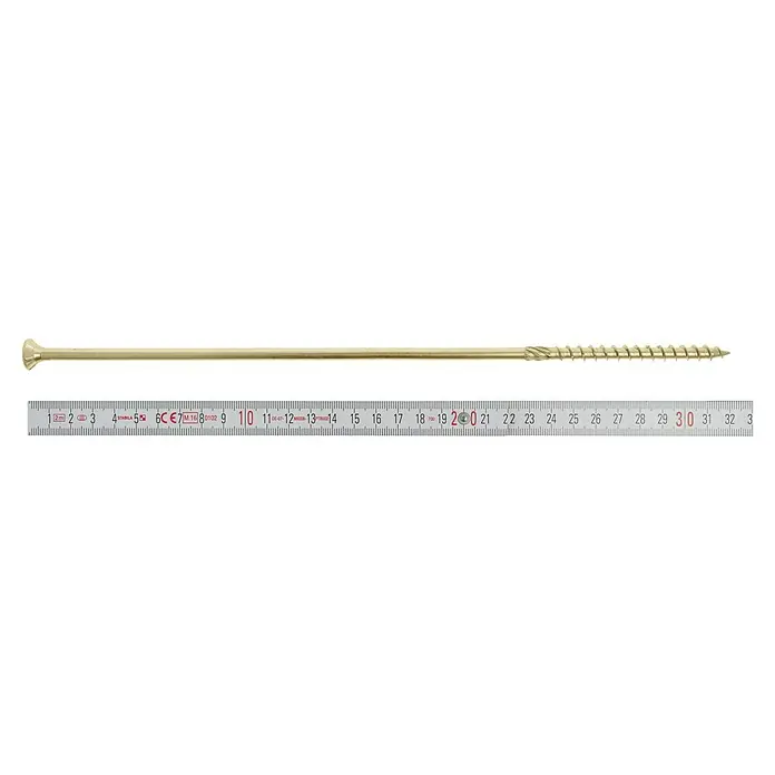 Profi Depot Holzbauschraube TX - Senkkopf, TX für TORX-Antriebe, 25 Stk., Ø x L: 8 x 320 mm - Eine goldfarbene Holzschraube liegt neben einem Messlineal, das eine Länge von etwa 31 cm anzeigt.