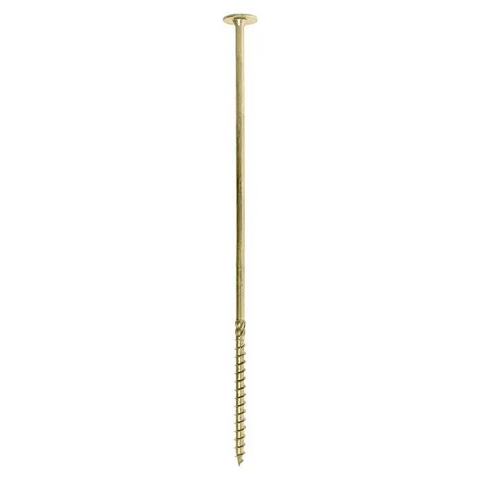 Profi Depot Holzbauschraube TX - Tellerkopf, TX für TORX-Antriebe, 25 Stk., Ø x L: 8 x 280 mm - Nahaufnahme einer goldenen Schraube mit flachem Kopf und spiralförmigem Gewinde, ideal für Holzbearbeitungs- und Bauprojekte.
