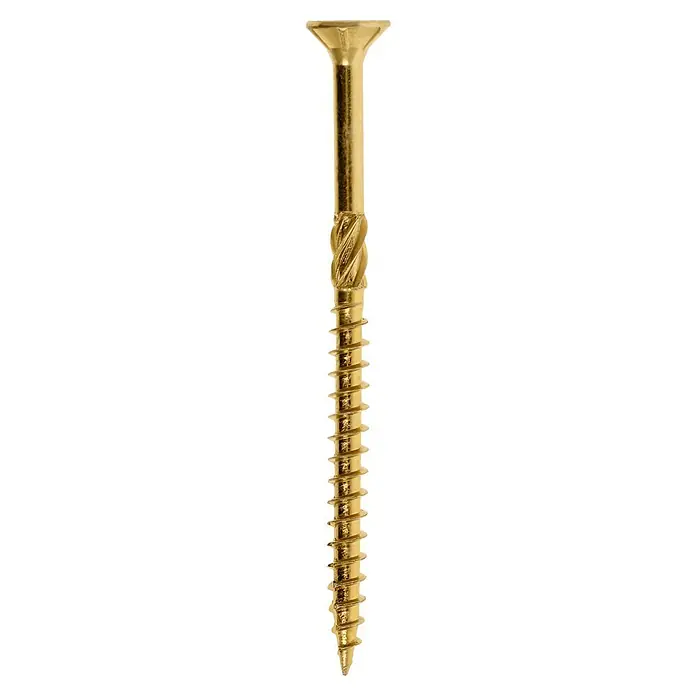 Profi Depot Mehrzweck-Schraube Turbo DrillØ x L: 4 x 60 mm, TX für TORX-Antriebe, Senkkopf, 200 Stk. - Nahaufnahme einer goldenen Holzschraube mit flachem Kopf und grobem Gewinde auf schwarzem Hintergrund.