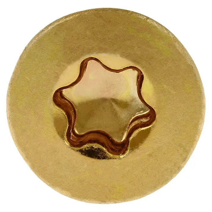 Profi Depot Mehrzweck-Schraube Turbo Drill - Ø x L: 6 x 80 mm, TX für TORX-Antriebe, Senkkopf, 100 Stk. - Nahaufnahme eines goldenen Torx-Schraubenkopfes, der für sichere und präzise Befestigungen sorgt. Ideal für Handwerker und Heimwerker.