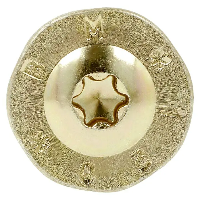 Profi Depot Holzbauschraube TX - Tellerkopf, TX für TORX-Antriebe, 50 Stk., Ø x L: 8 x 120 mm - Nahaufnahme eines goldenen Torx-Schraubenkopfes mit Herstellerkennzeichnungen.