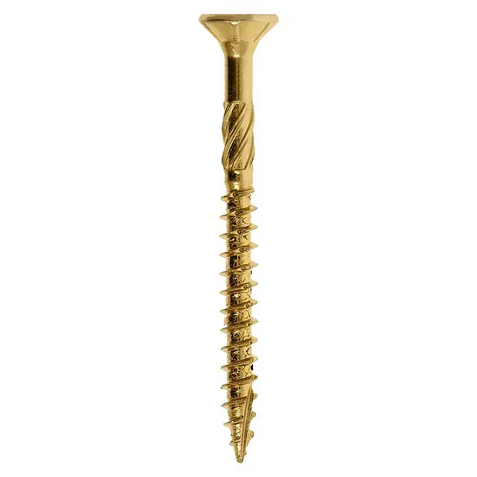 Profi Depot Mehrzweck-Schraube Turbo Drill - Ø x L: 3,5 x 40 mm, TX für TORX-Antriebe, Senkkopf, 200 Stk. - Nahaufnahme einer goldenen Holzschraube mit flachem Kopf und scharfen Gewinde, ideal für präzise und feste Verbindungen in Holz.