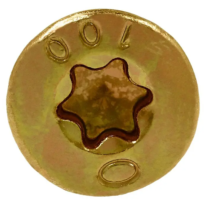 Profi Depot Mehrzweck-Schraube Turbo Drill - Ø x L: 6 x 100 mm, TX für TORX-Antriebe, Senkkopf, 50 Stk. - Nahaufnahme eines goldenen Senkkopfschraube mit Torx-Antrieb und der Aufschrift "100", ideal für präzise Befestigungen.