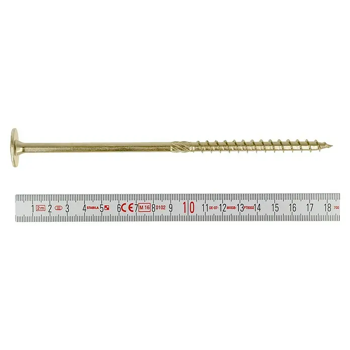 Profi Depot Holzbauschraube TX - Tellerkopf, TX für TORX-Antriebe, 25 Stk., Ø x L: 8 x 180 mm - Nahaufnahme einer Schraube, die parallel zu einem Messschieber liegt, was Details und die Größe des Befestigungselements zeigt.