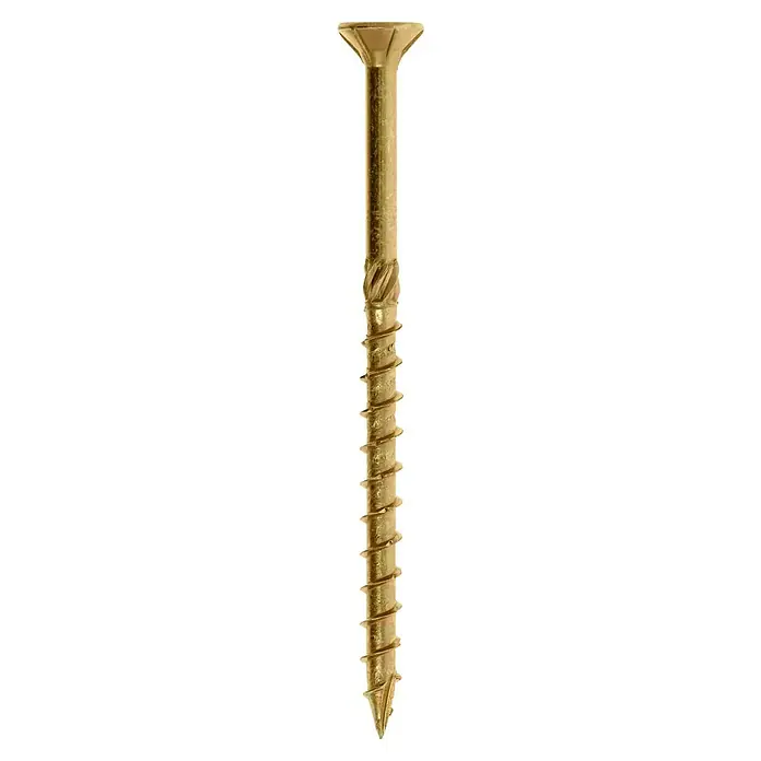 Profi Depot Mehrzweck-Schraube Turbo Drill - Ø x L: 6 x 100 mm, TX für TORX-Antriebe, Senkkopf, 50 Stk. - Nahaufnahme einer einzelnen goldenen Holzschraube mit flachem Kopf und scharfem Gewinde vor einem dunklen Hintergrund.