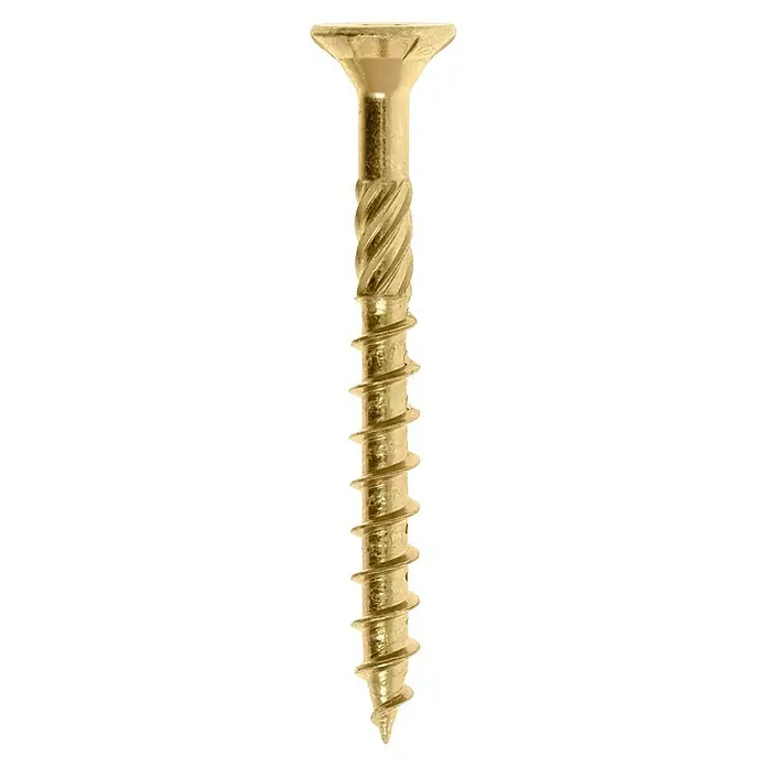 Profi Depot Mehrzweck-Schraube Turbo Drill - Ø x L: 4,5 x 45 mm, TX für TORX-Antriebe, Senkkopf, 200 Stk. - Nahaufnahme einer goldenen Holzschraube mit scharfem Gewinde vor schwarzem Hintergrund.