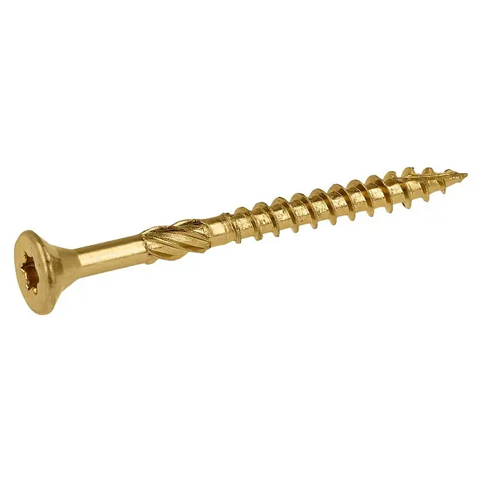 Profi Depot Mehrzweck-Schraube Turbo Drill - Ø x L: 4 x 45 mm, TX für TORX-Antriebe, Senkkopf, 200 Stk. - Nahaufnahme einer goldenen Holzschraube mit scharfem Gewinde und einem sternförmigen Schraubenkopf auf schwarzem Hintergrund.