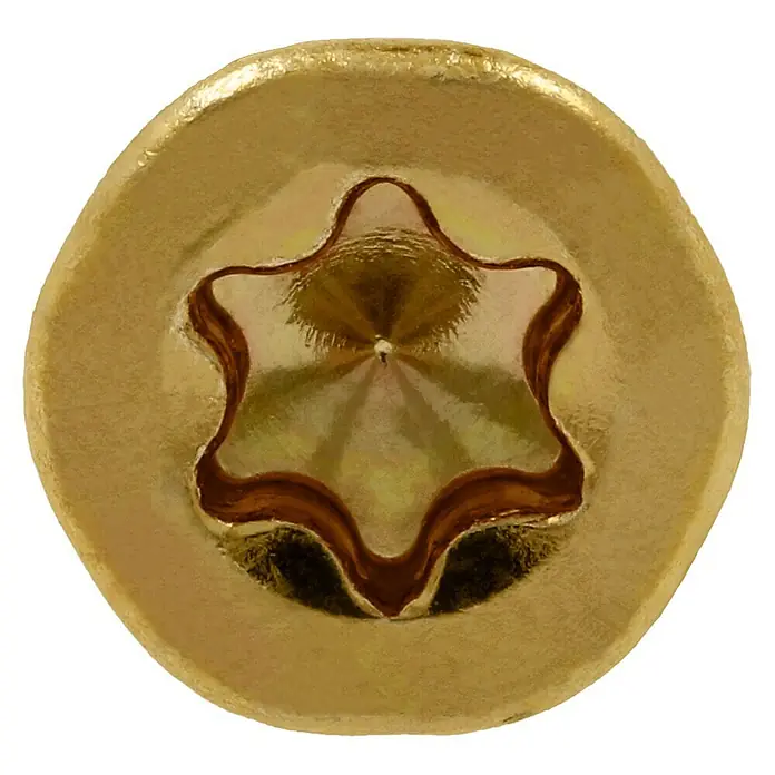 Profi Depot Mehrzweck-Schraube Turbo Drill - Ø x L: 3,5 x 40 mm, TX für TORX-Antriebe, Senkkopf, 200 Stk. - Nahaufnahme eines goldenen Torx-Schraubenkopfes, der ein präzises und zuverlässiges Werkzeug für sichere Befestigungen darstellt.