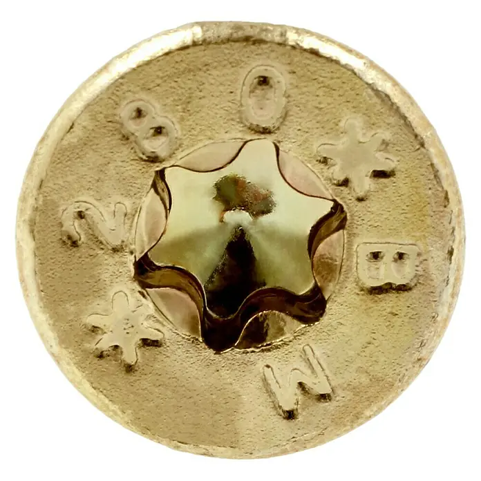 Profi Depot Holzbauschraube TX - Senkkopf, TX für TORX-Antriebe, 25 Stk., Ø x L: 8 x 280 mm - Nahaufnahme eines goldenen Torx-Schraubenkopfes mit Herstellerinformationen und einem sternförmigen Antrieb.