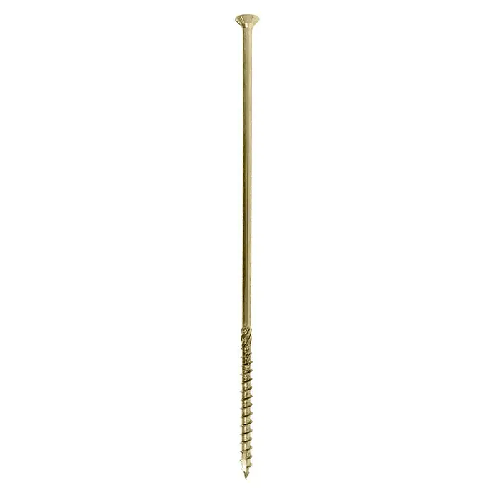 Profi Depot Holzbauschraube TX - Senkkopf, TX für TORX-Antriebe, 25 Stk., Ø x L: 8 x 280 mm - Detailaufnahme einer messingfarbenen Holzschraube mit Gewinde und flachem Kopf, ideal für Holzverbindungen im Handwerk.