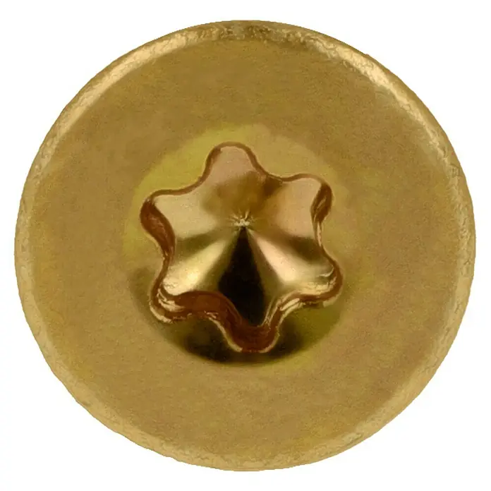 Profi Depot Mehrzweck-Schraube Turbo Drill - Ø x L: 4,5 x 60 mm, TX für TORX-Antriebe, Senkkopf, 100 Stk. - Nahaufnahme einer goldenen Torx-Schraube mit einem sternförmigen Antrieb. Ideal für präzise Befestigungen.